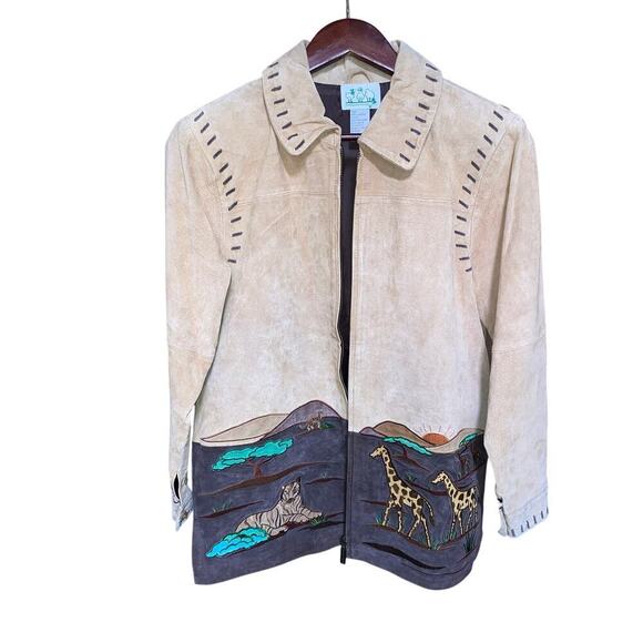 Vintage 80s Leather Jacket Sz S Tan Western Safari Whimsical Animal Patchwork - Picture 4 of 8